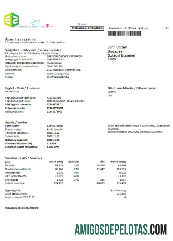 Hungria E2 fatura de serviços públicos em formato Word e PDF baixar para verificação